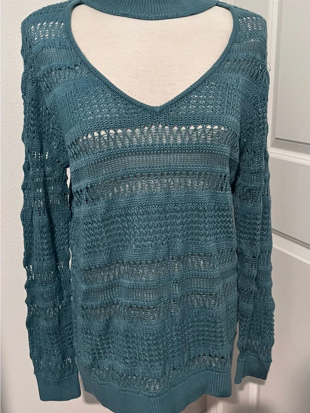 Soho Teal Open-Weave V-Neck Sweater